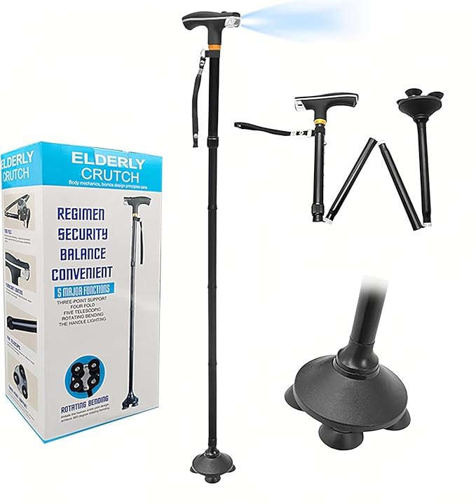 عكاز ذكي قابل للتعديل مصنوع من الالمنيوم وقابل للطي والتكبير أو التصغير مع ضوء